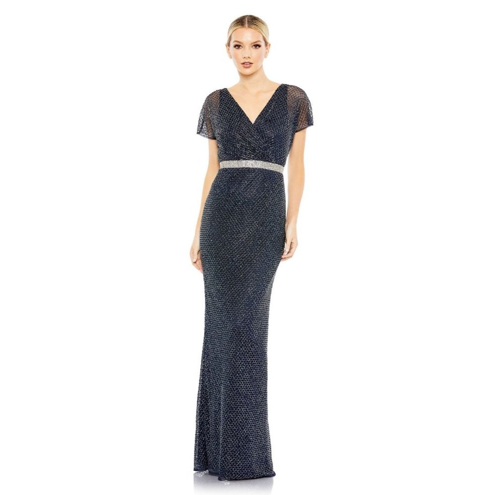 Mac Duggal Midnight Short Sleeve Beaded Evening Dress Size 18 New NWD 93678